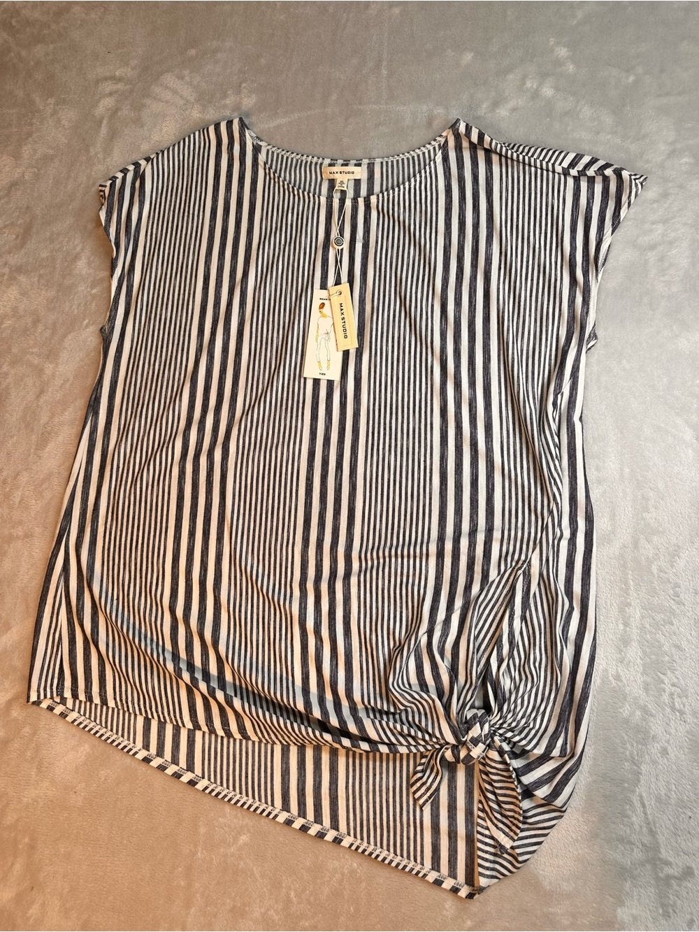 Max Studio Navy & White Vertical Stripe Knot-Front Blouse